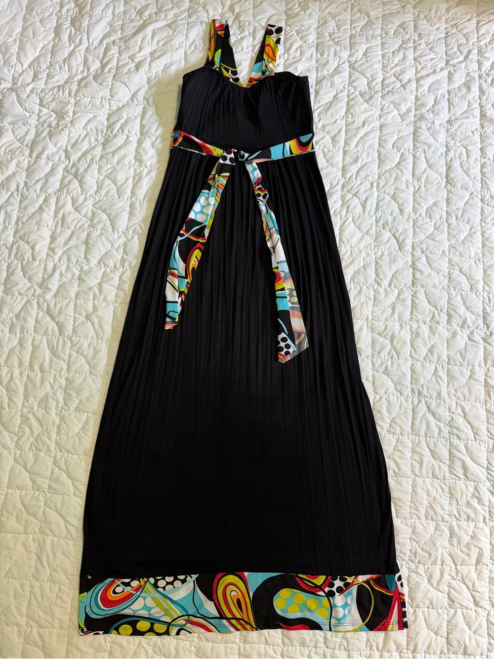 Women’s Black Maxi Dress with Colorful Abstract Trim - Picture 2 of 6